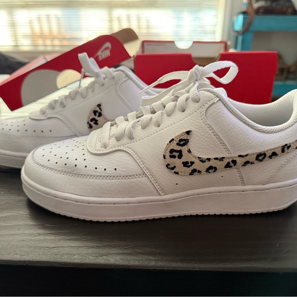 Nike Women's White Sneakers with Leopard Accents